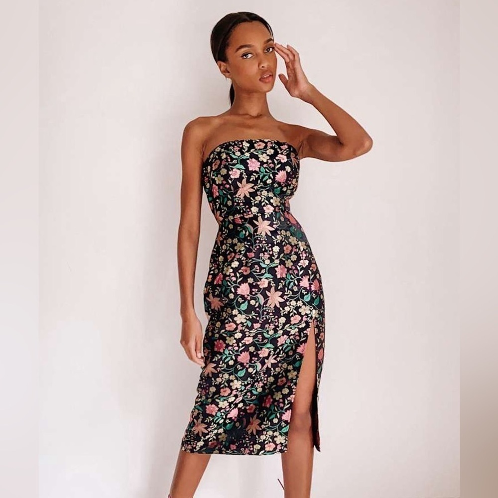 Lulus Make a Move Black Satin Floral Jacquard Strapless Midi Dress